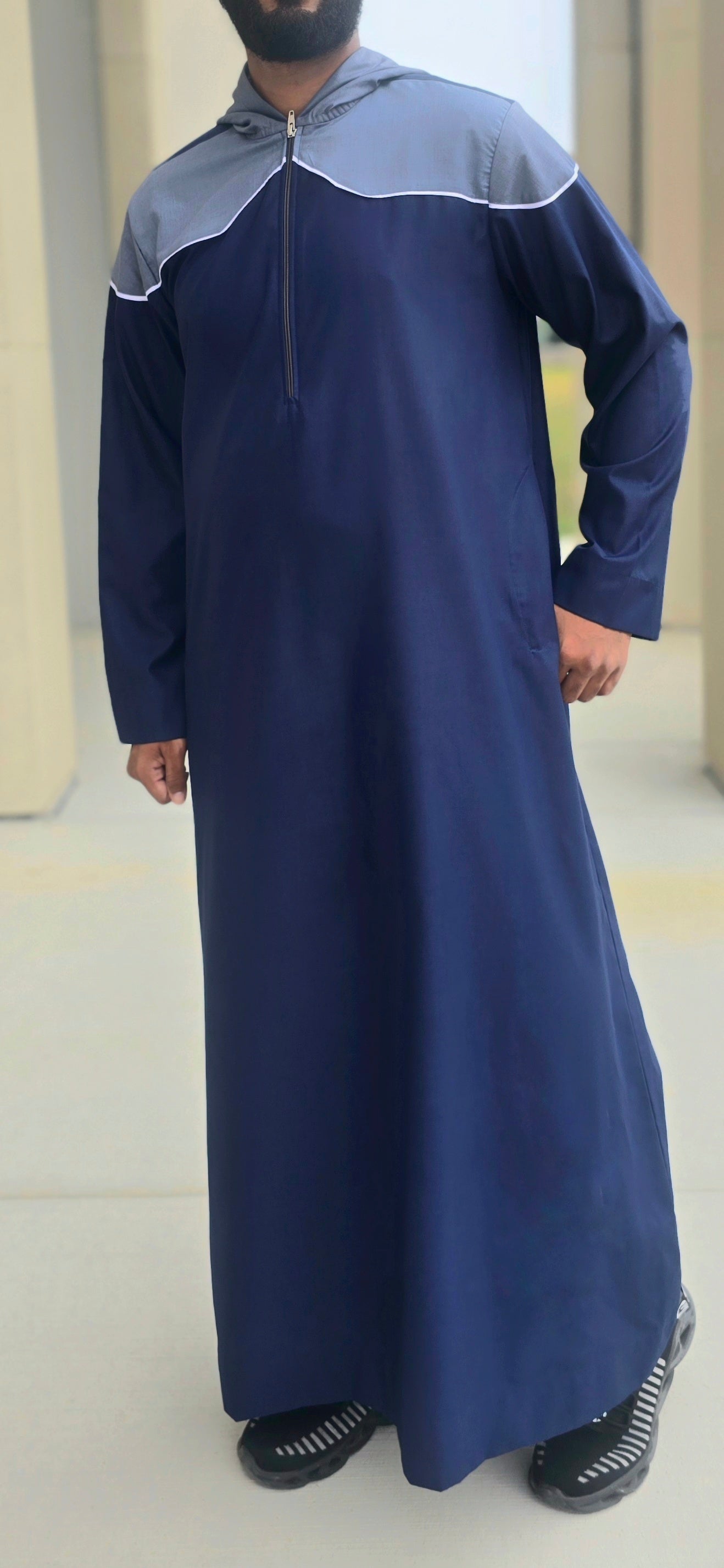 Navy Blue Hooded Thobe with White Stripe for Men – 14DEH