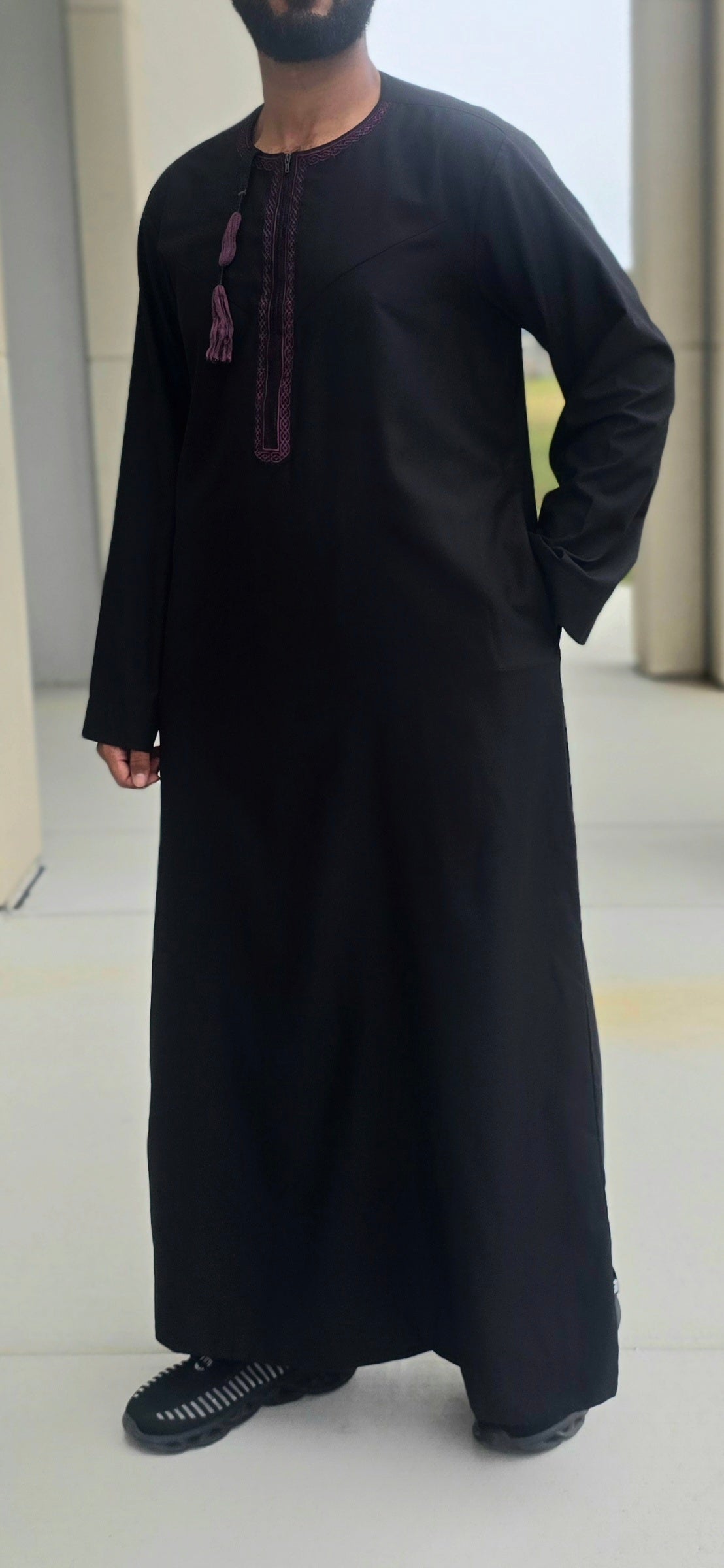 Black Traditional Embroidered Omani-Emirati Thobe with Tassel for Adults – 11OM