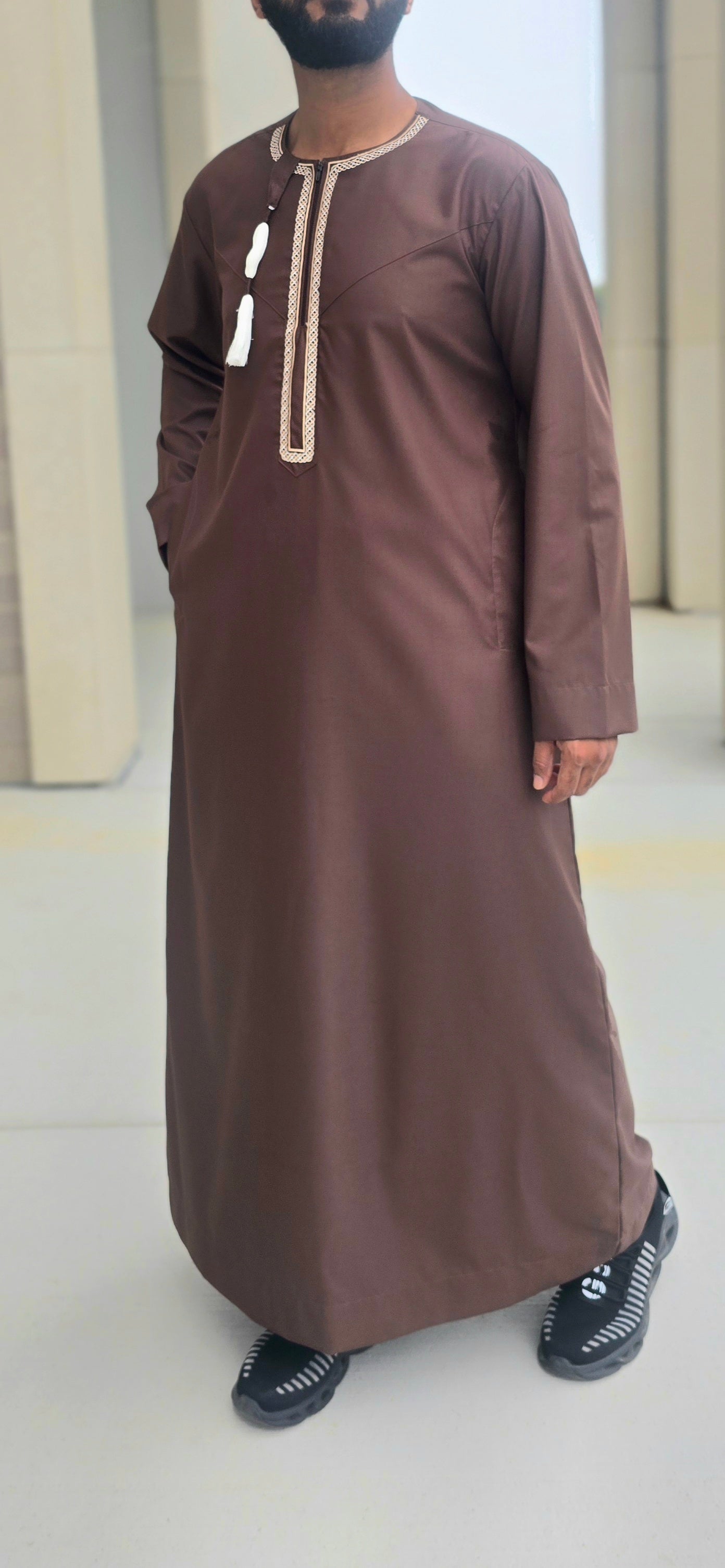 Dark Maroon Traditional Embroidered Omani-Emirati Thobe with Tassel for Adults – 10OM