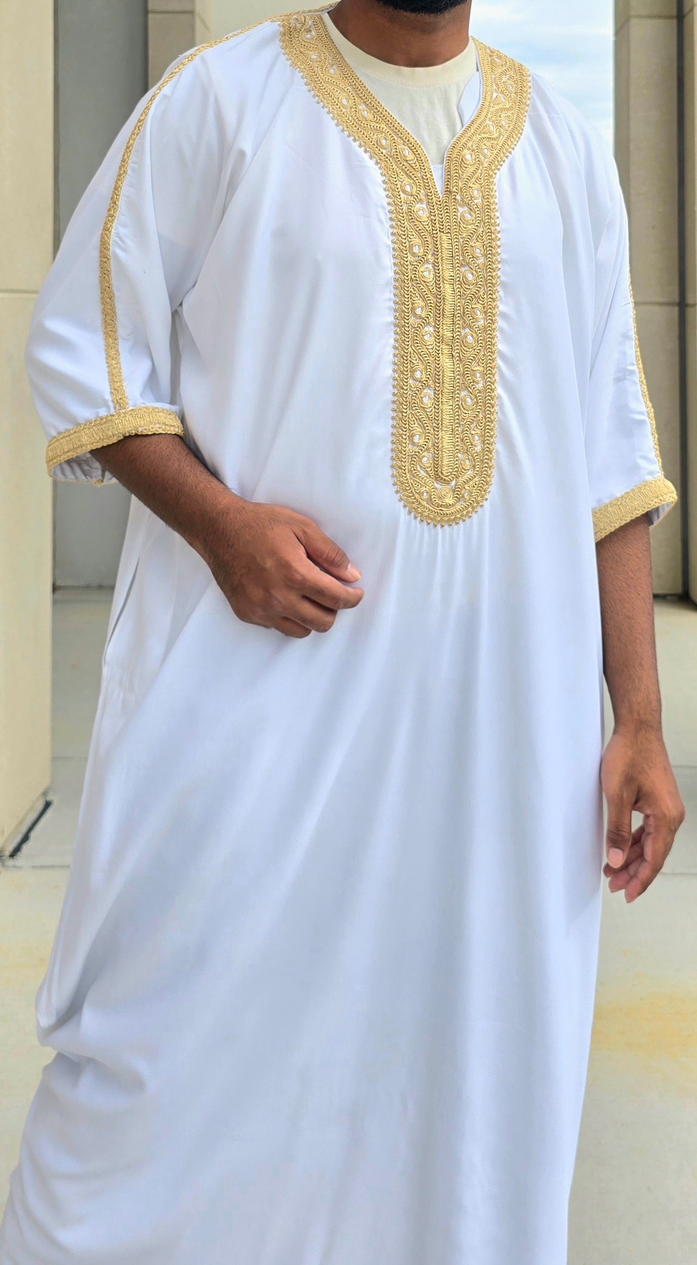 White and Golden Gandoura Style Adult Moroccan Thobe 07MOR
