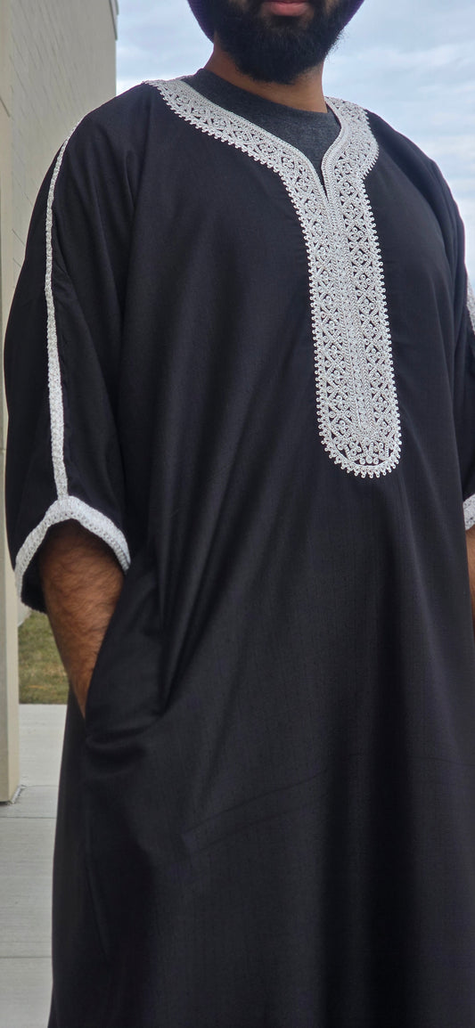 Black Adult Moroccan Thobe W/Bright White Embroidery Gandoura Style 11MOR