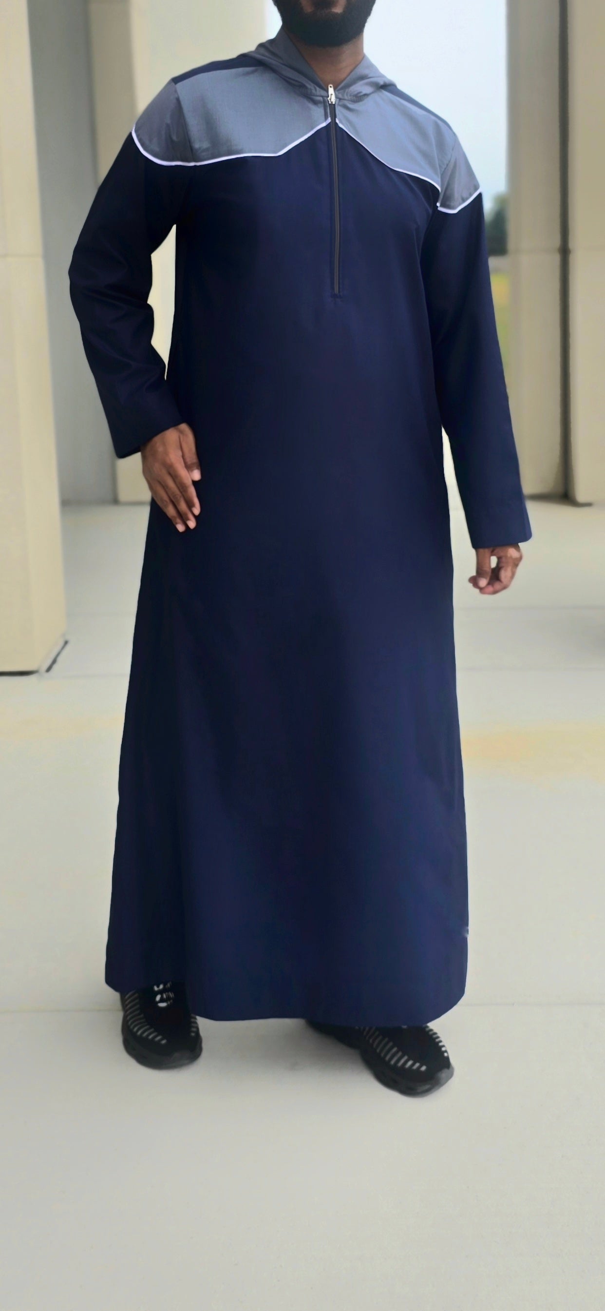 Navy Blue Hooded Thobe with White Stripe for Men – 14DEH