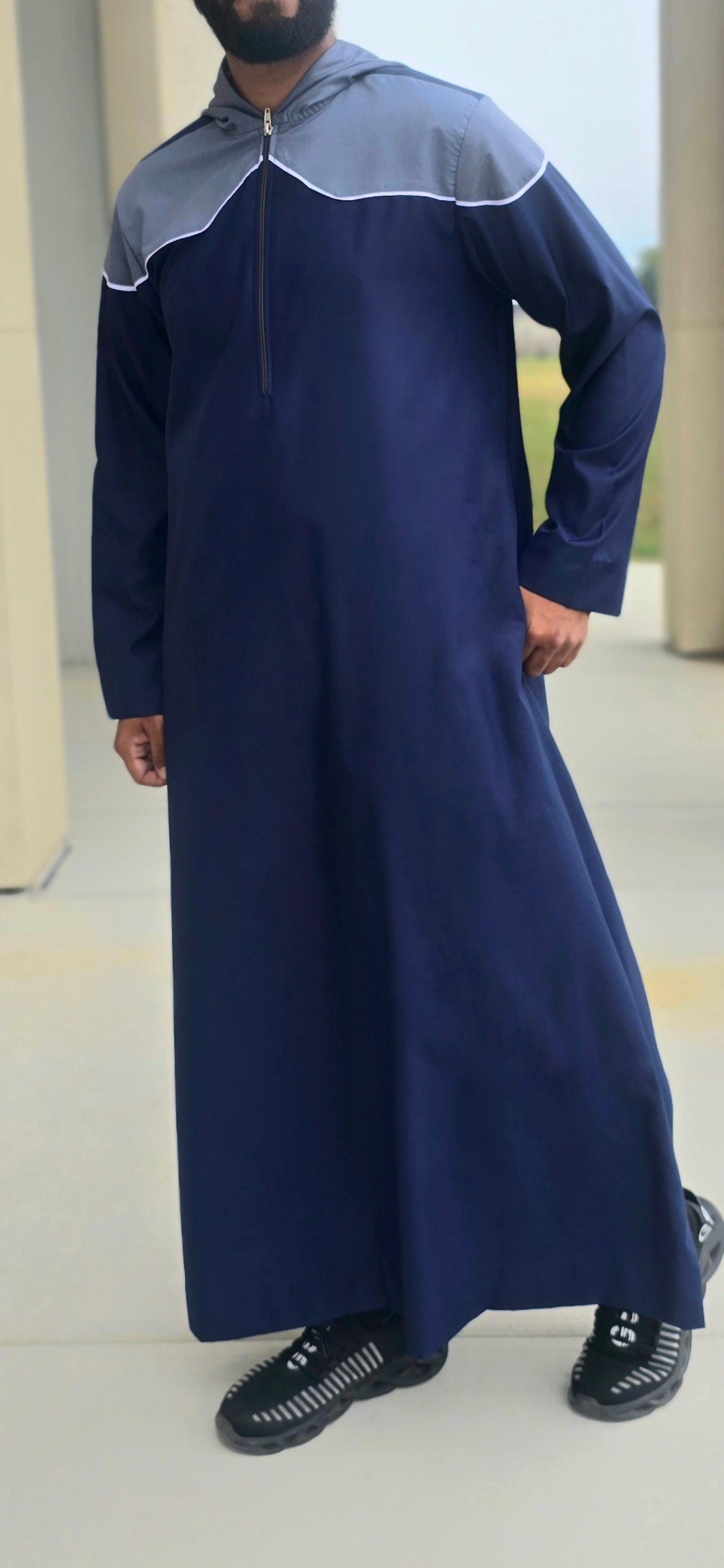 Navy Blue Hooded Thobe with White Stripe for Men – 14DEH