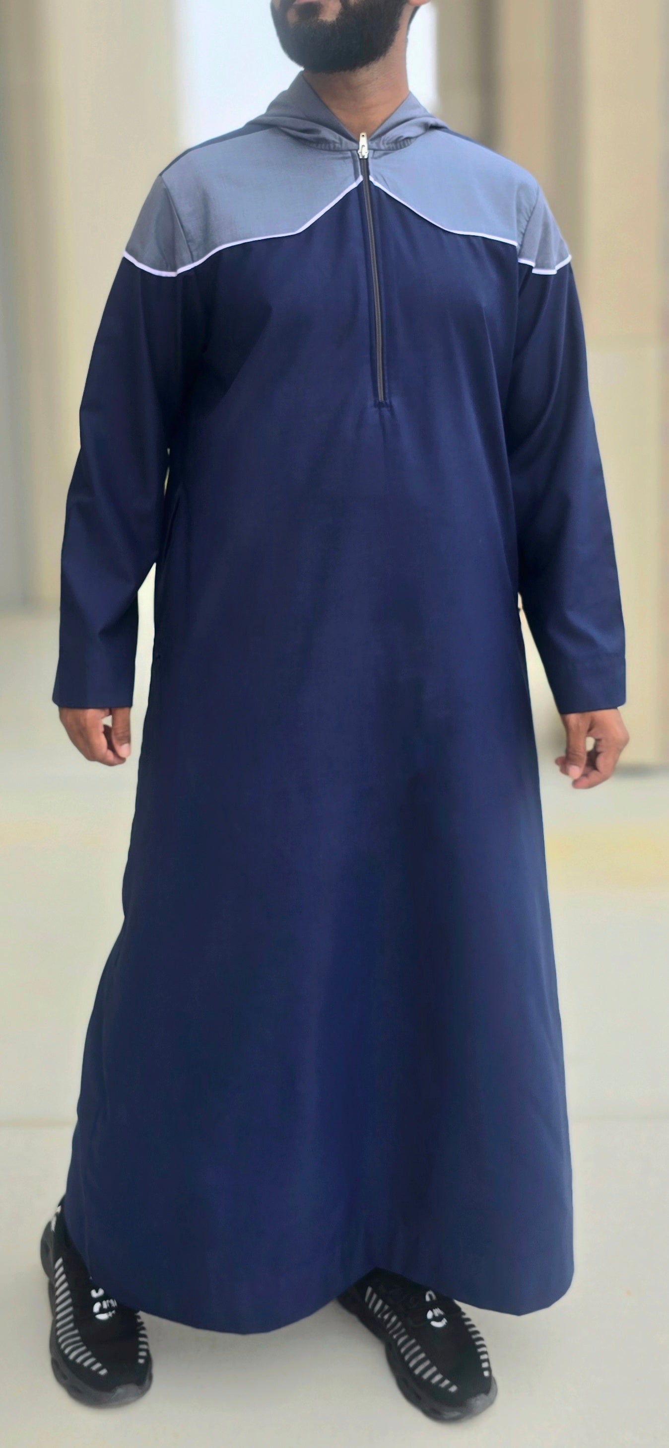 Navy Blue Hooded Thobe with White Stripe for Men – 14DEH