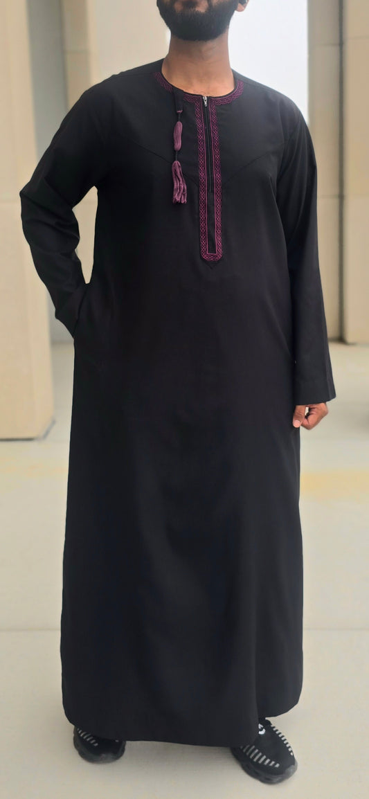 Black Traditional Embroidered Omani-Emirati Thobe with Tassel for Adults – 11OM
