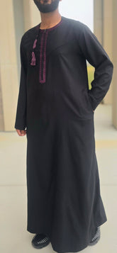 Black Traditional Embroidered Omani-Emirati Thobe with Tassel for Adults – 11OM