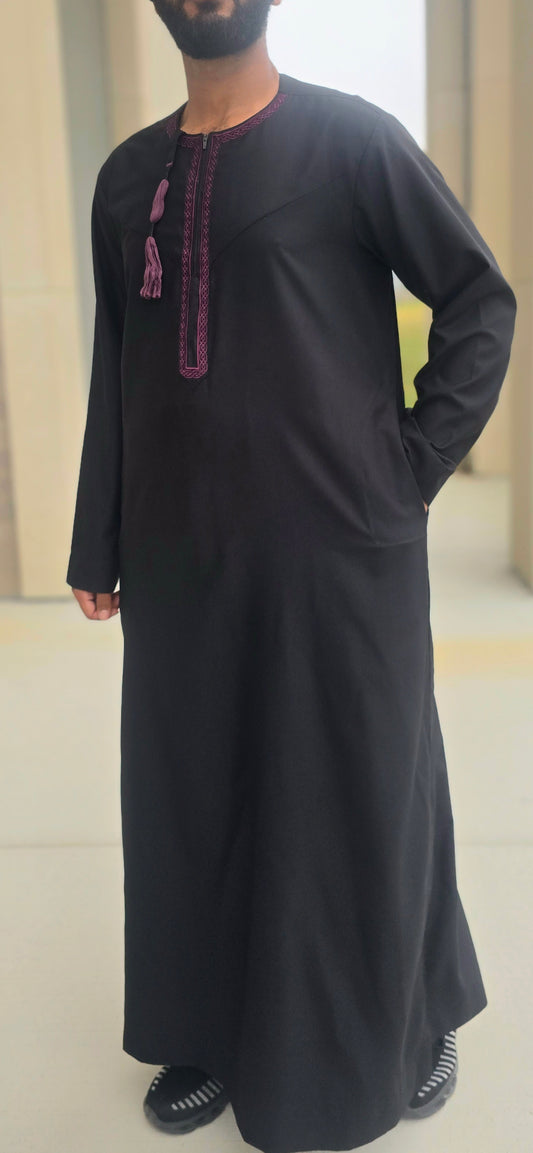 Black Traditional Embroidered Omani-Emirati Thobe with Tassel for Adults – 11OM