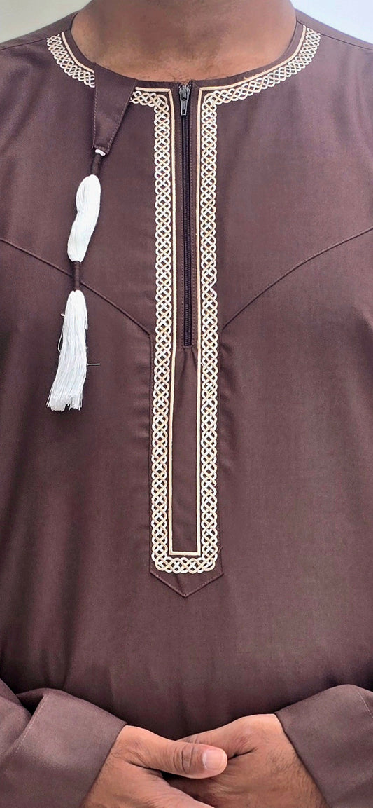 Dark Maroon Traditional Embroidered Omani-Emirati Thobe with Tassel for Adults – 10OM