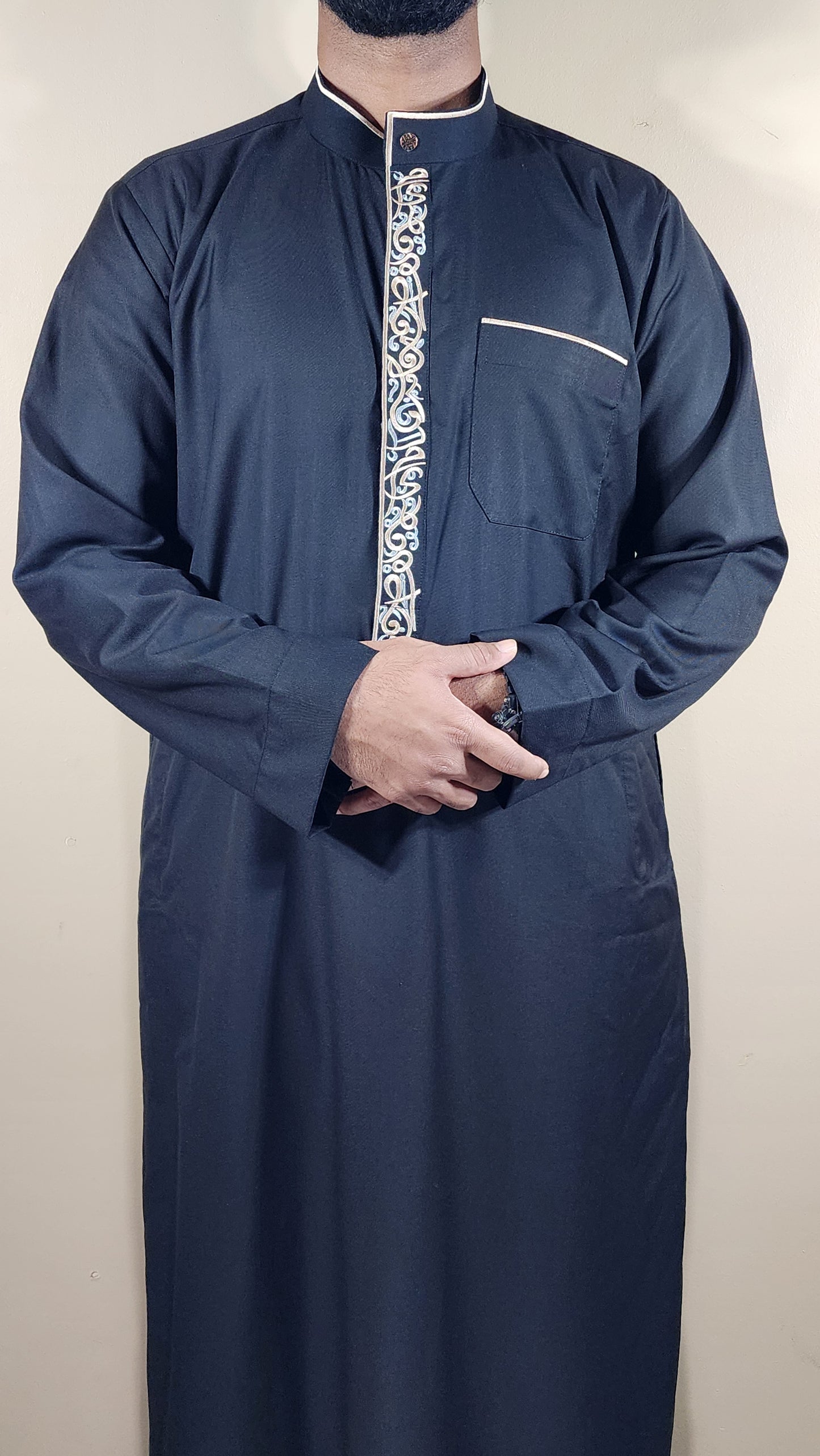 Black Arabic Design Embroidered Thobe for Adults – 05EM