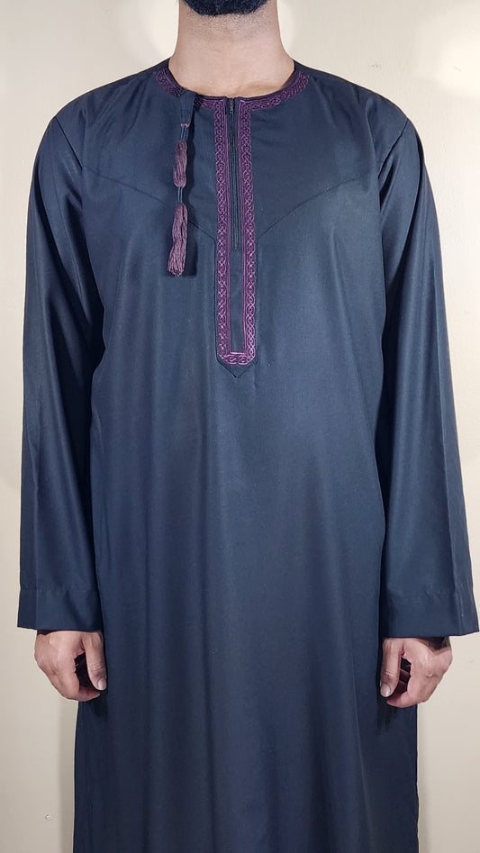 Black Traditional Embroidered Omani-Emirati Thobe with Tassel for Adults – 11OM