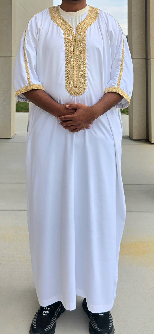 White and Golden Gandoura Style Adult Moroccan Thobe 07MOR
