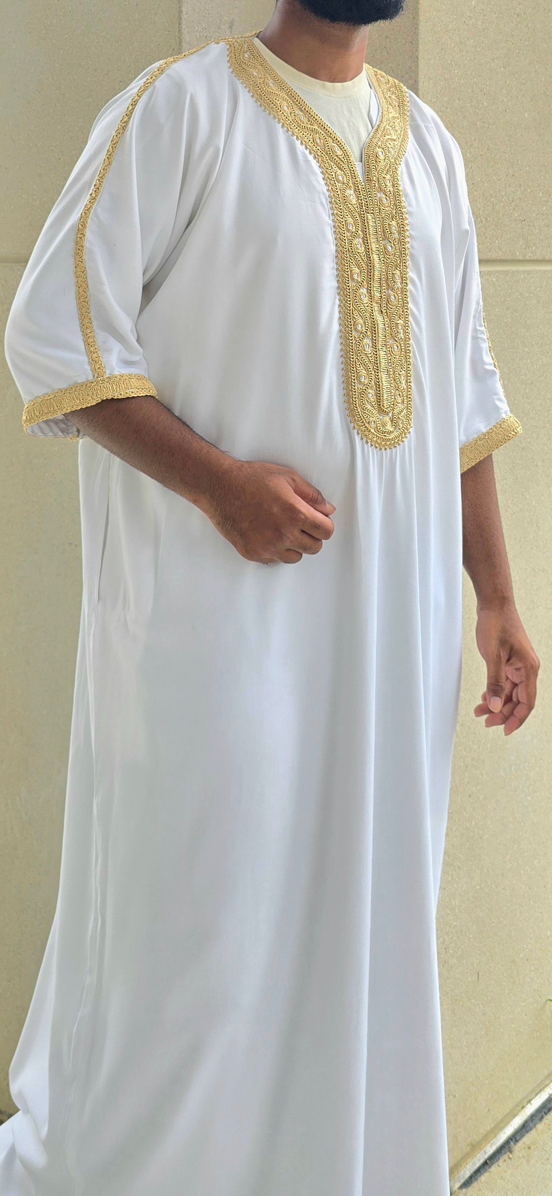White and Golden Gandoura Style Adult Moroccan Thobe 07MOR
