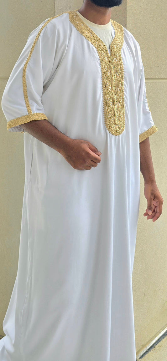 White and Golden Gandoura Style Adult Moroccan Thobe 07MOR