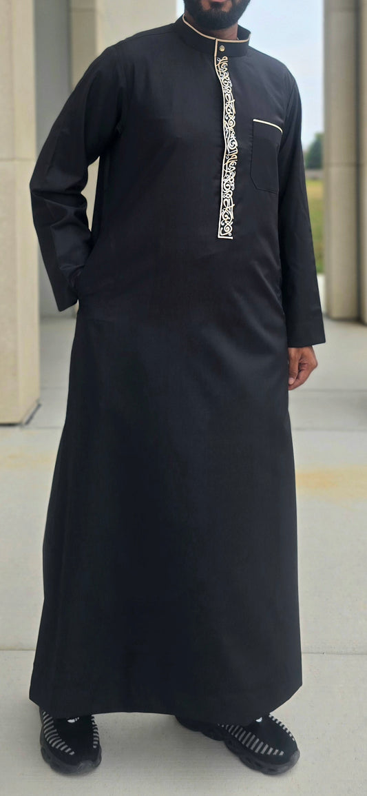 Black Arabic Design Embroidered Thobe for Adults – 05EM