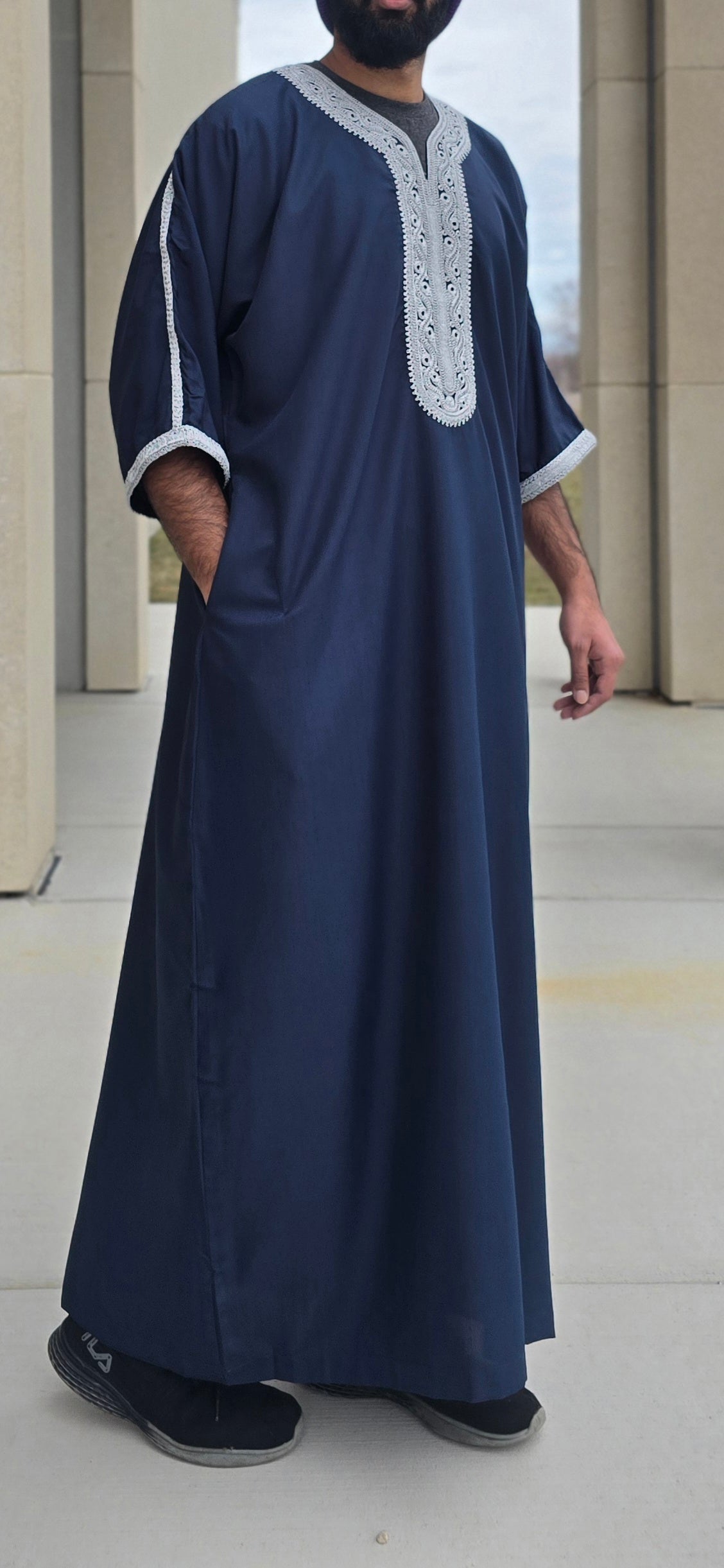 Dark Blue Adult Moroccan Thobe W/Silver Embroidery Gandoura Style 08MOR