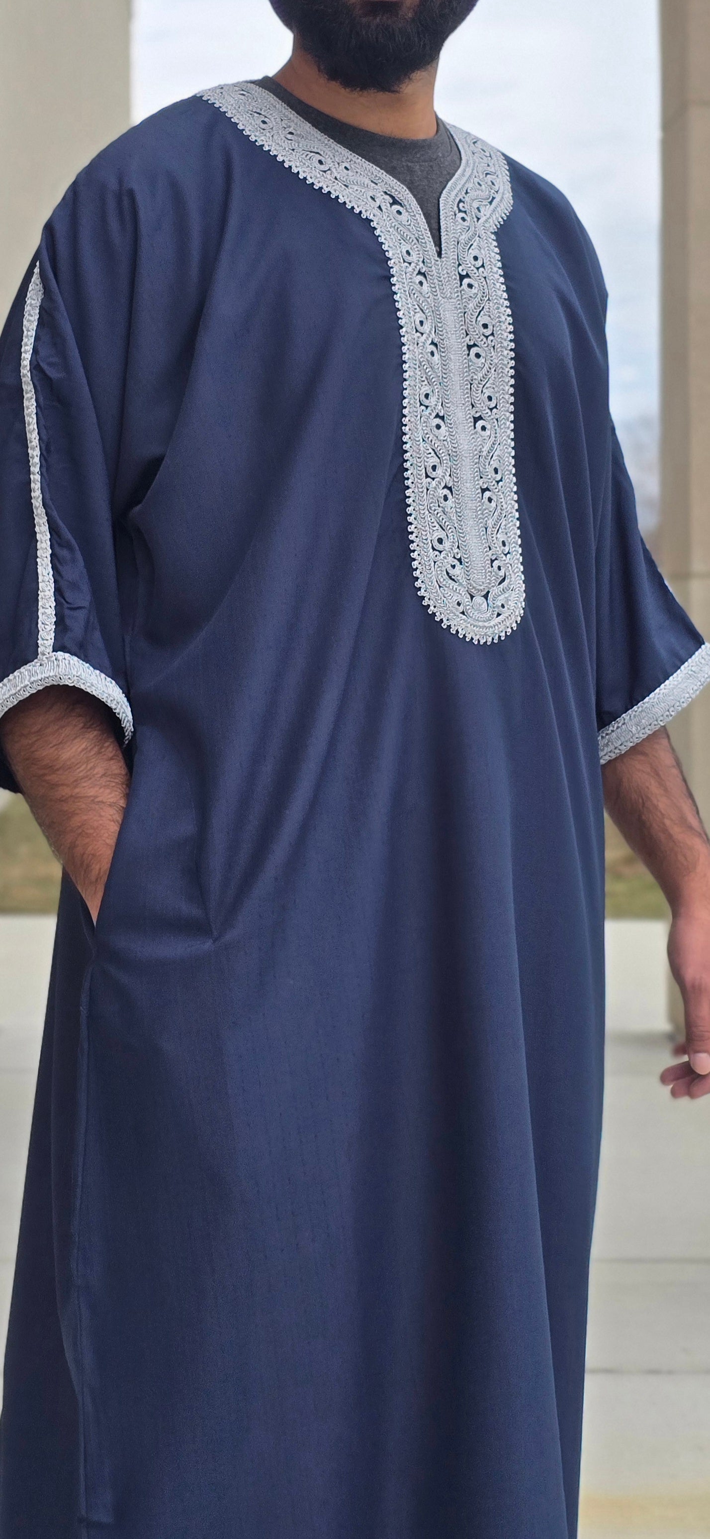 Dark Blue Adult Moroccan Thobe W/Silver Embroidery Gandoura Style 08MOR