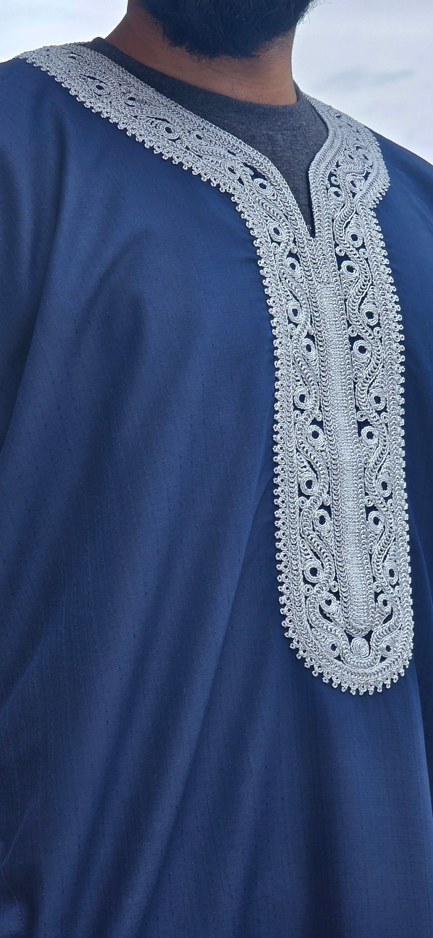 Dark Blue Adult Moroccan Thobe W/Silver Embroidery Gandoura Style 08MOR