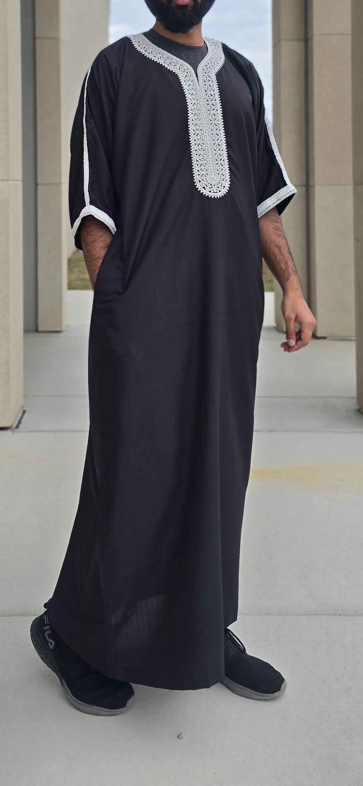 Black Adult Moroccan Thobe W/Bright White Embroidery Gandoura Style 11MOR