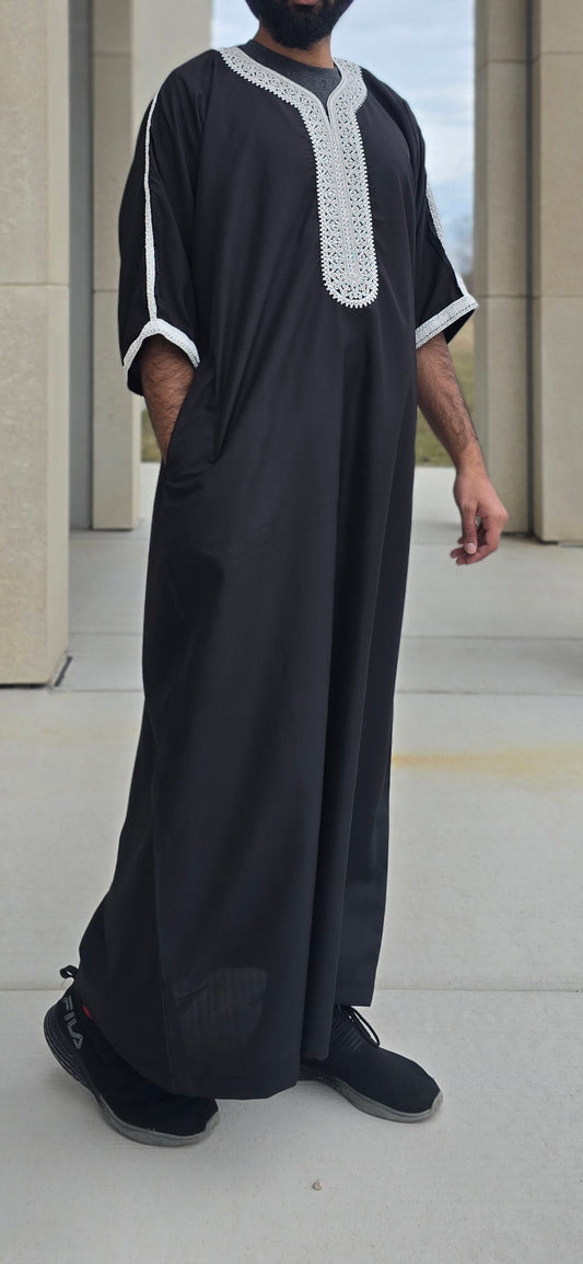 Black Adult Moroccan Thobe W/Bright White Embroidery Gandoura Style 11MOR
