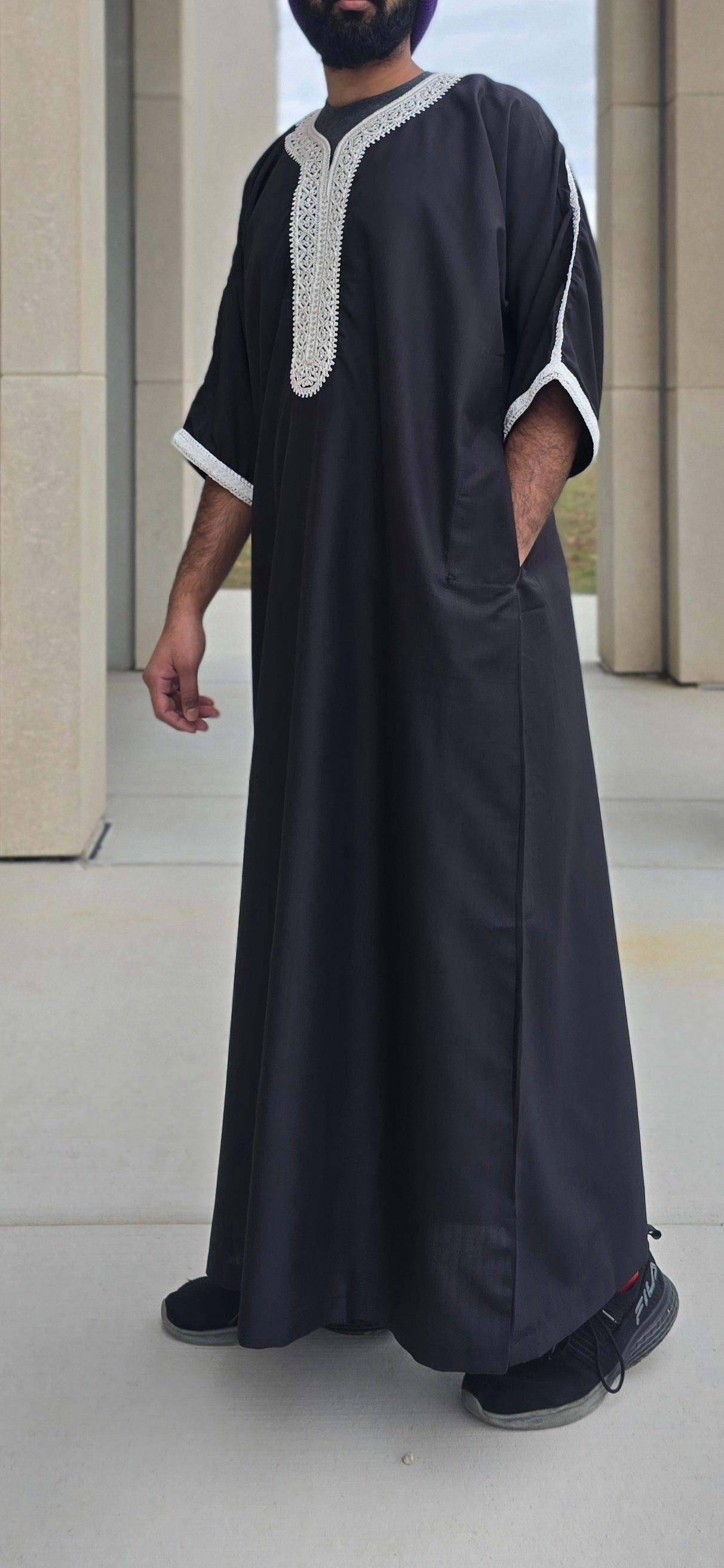 Black Adult Moroccan Thobe W/Bright White Embroidery Gandoura Style 11MOR