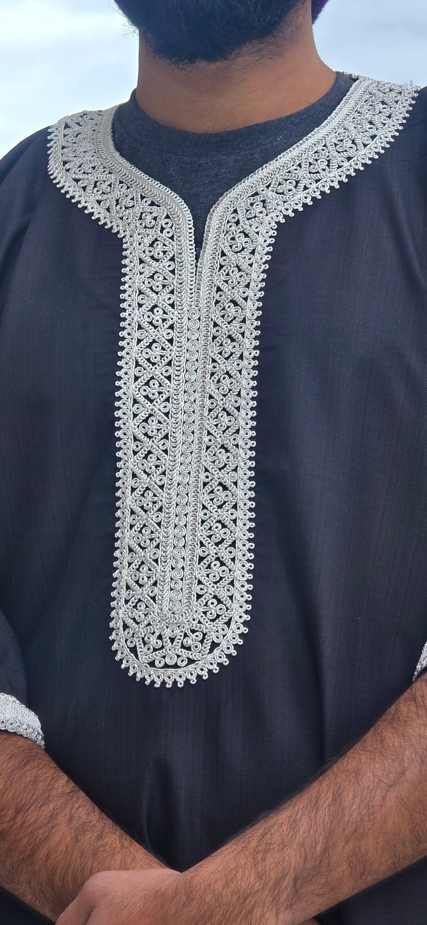 Black Adult Moroccan Thobe W/Bright White Embroidery Gandoura Style 11MOR