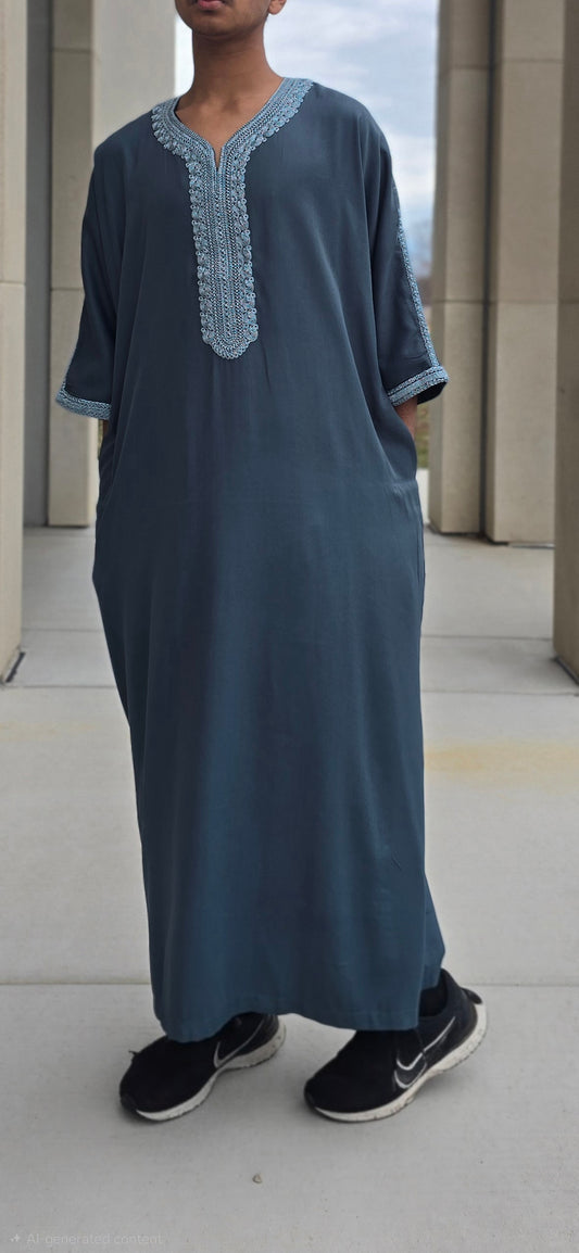 Sea Green Adult Moroccan Thobe W/Silver Embroidery Gandoura Style 09MOR