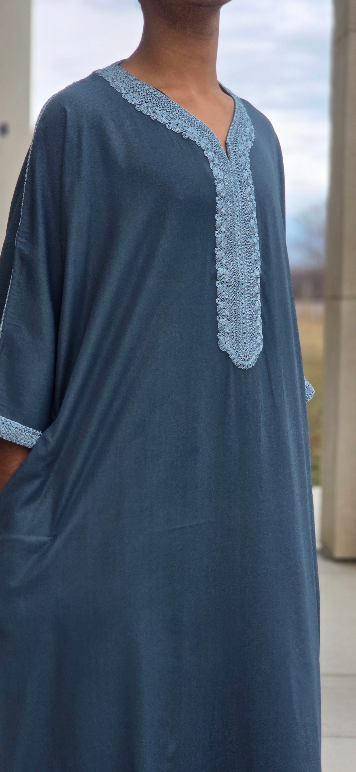 Sea Green Adult Moroccan Thobe W/Silver Embroidery Gandoura Style 09MOR