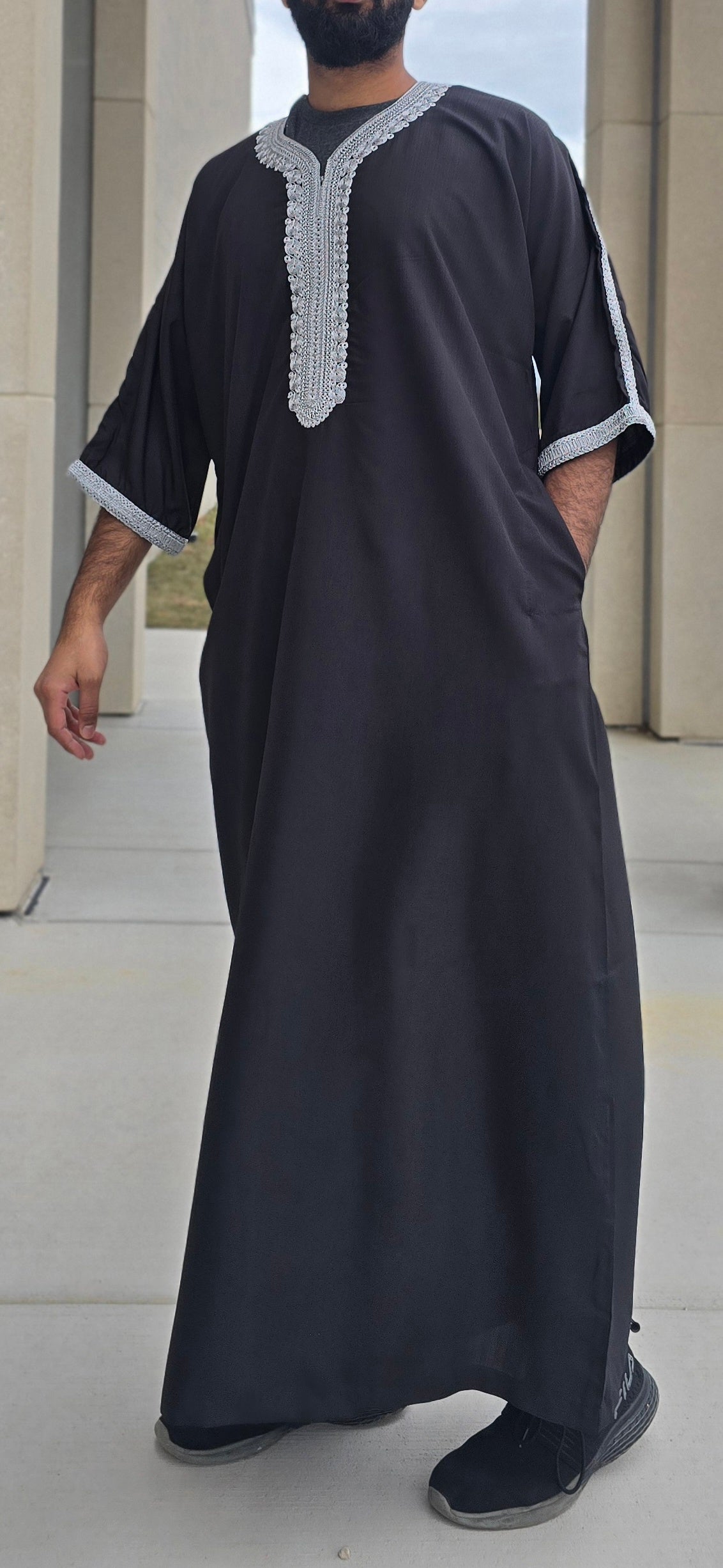 Black Adult Moroccan Thobe W/Silver Embroidery Gandoura Style 10MOR