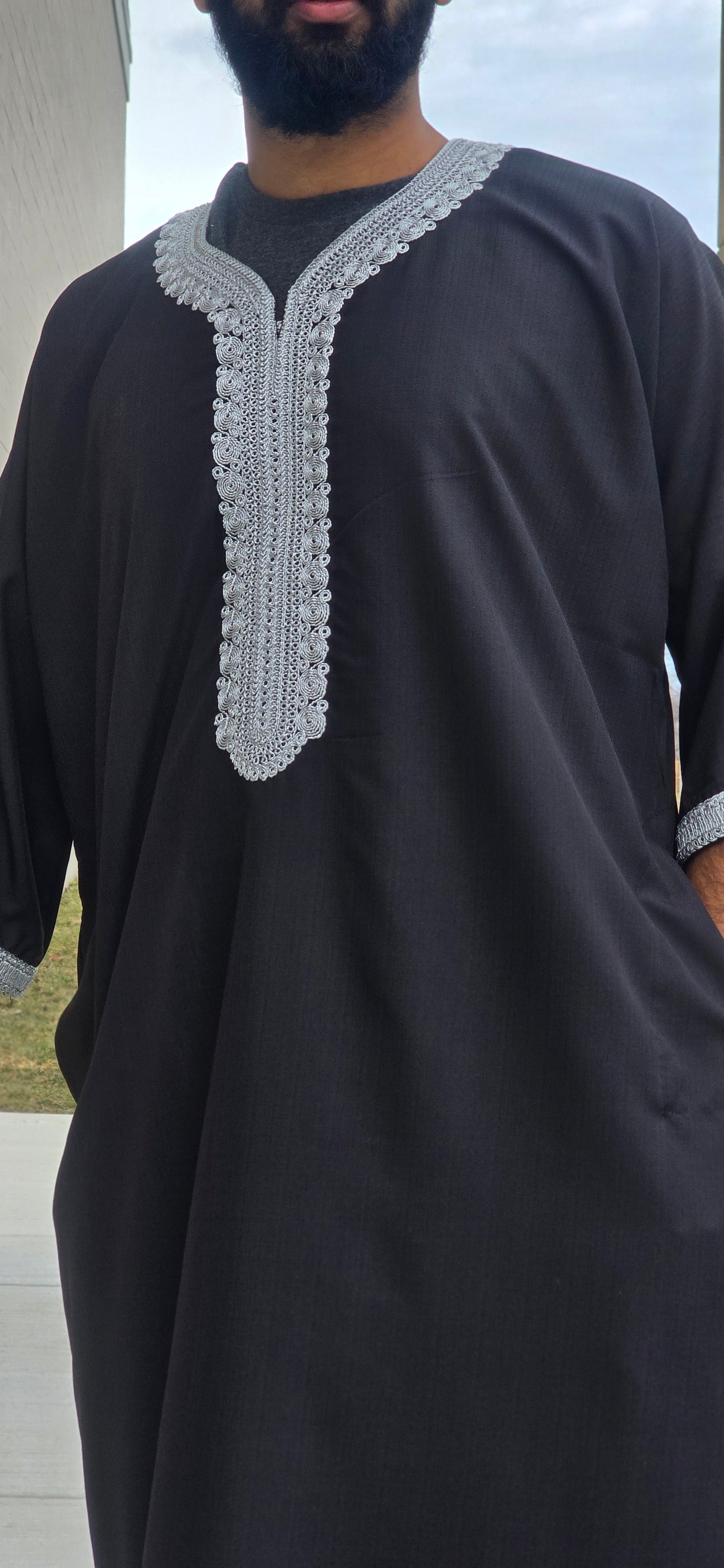 Black Adult Moroccan Thobe W/Silver Embroidery Gandoura Style 10MOR