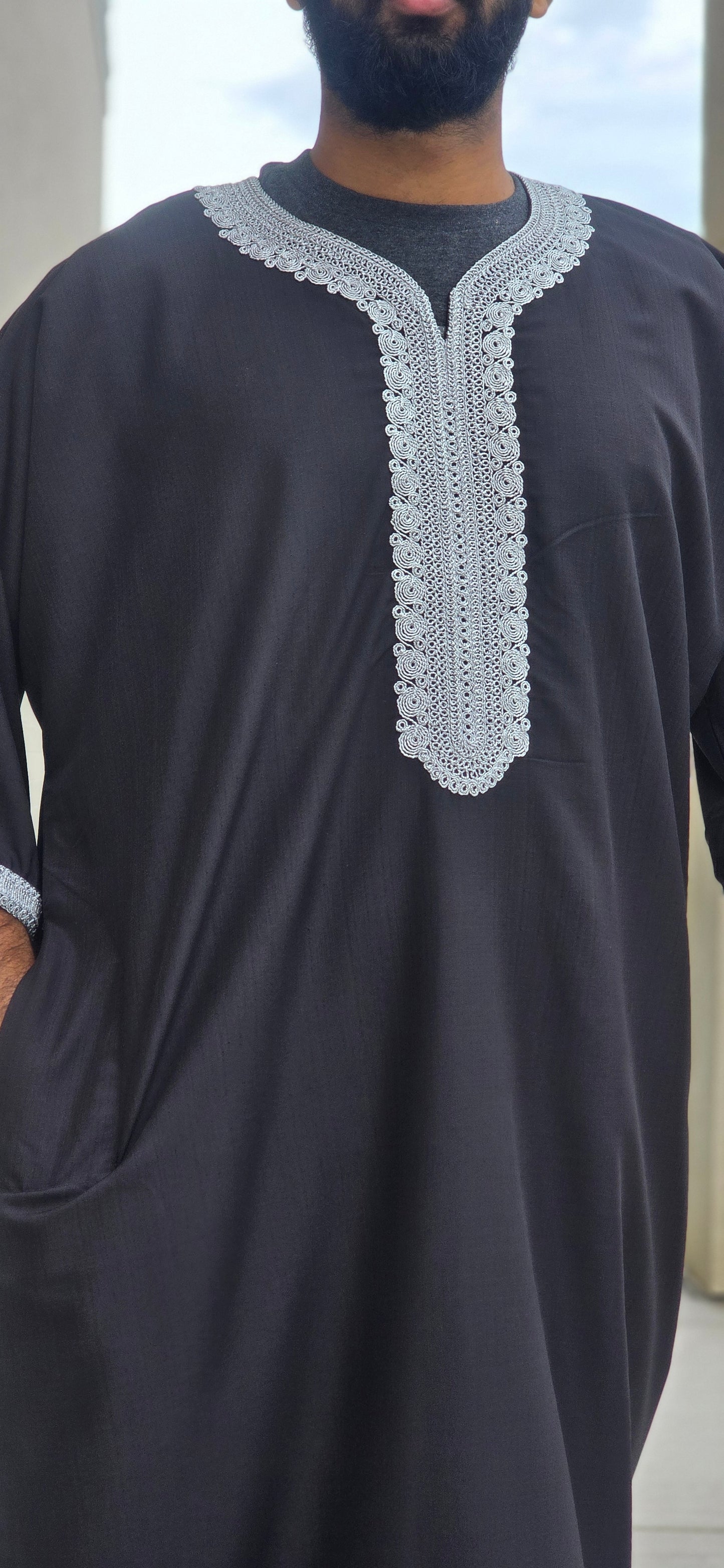 Black Adult Moroccan Thobe W/Silver Embroidery Gandoura Style 10MOR