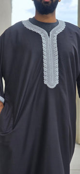 Black Adult Moroccan Thobe W/Silver Embroidery Gandoura Style 10MOR
