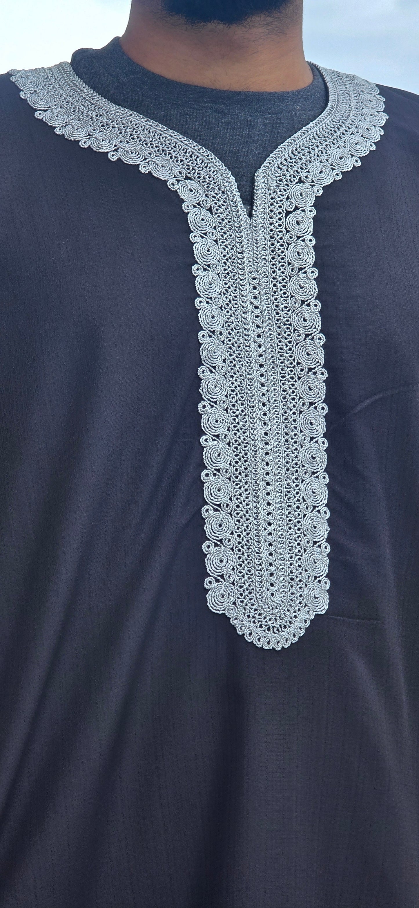 Black Adult Moroccan Thobe W/Silver Embroidery Gandoura Style 10MOR